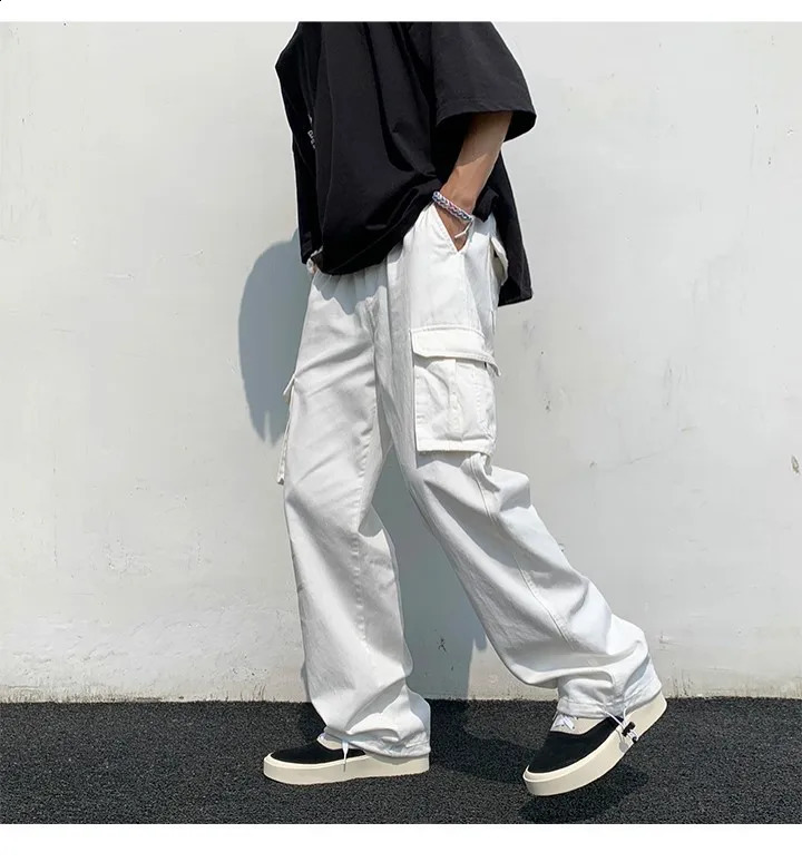Black/white Casual Pants Mens Fashion Loose Straight Wide Leg Pants Men Streetwear Hip-hop Pocket Cargo Pants Mens Trousers 240822