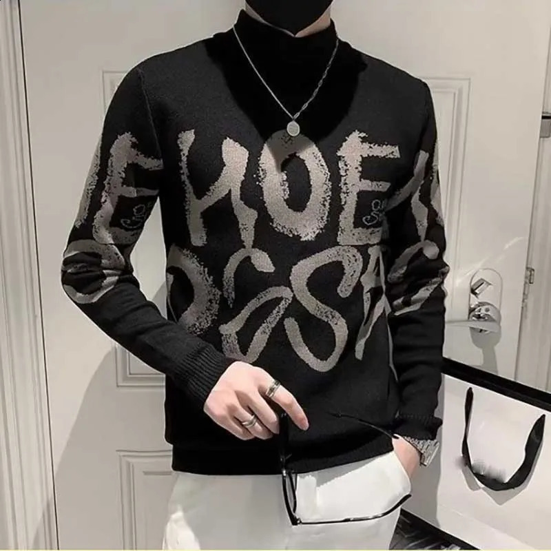 Fashion Stand Collar All-match Letter Sweaters Mens Clothing Autumn Winter Loose Knitted Casual Pullovers Korean Tops 240821