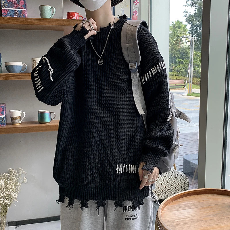 Men Autumn Winter Long Sleeve Sweater Top Mens Fringe Tassel Warm Knitted Tops Male Ripped Loose Pullovers S176 240821