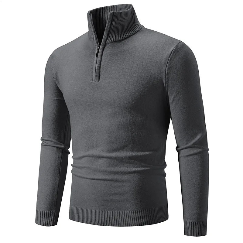 Winter mens dark gray plush zipper half high neck long sleeved sweater suitable for comfortable and diverse autumn multi colored tops 240821