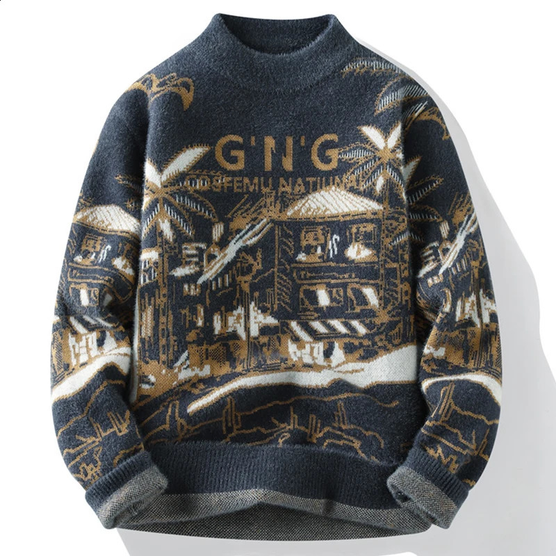 Retro Knitted Sweater Mens Casual Winter Crewneck Jacquard Thick Warm Korean Lanhua Youth Clothing Fashionable 240821