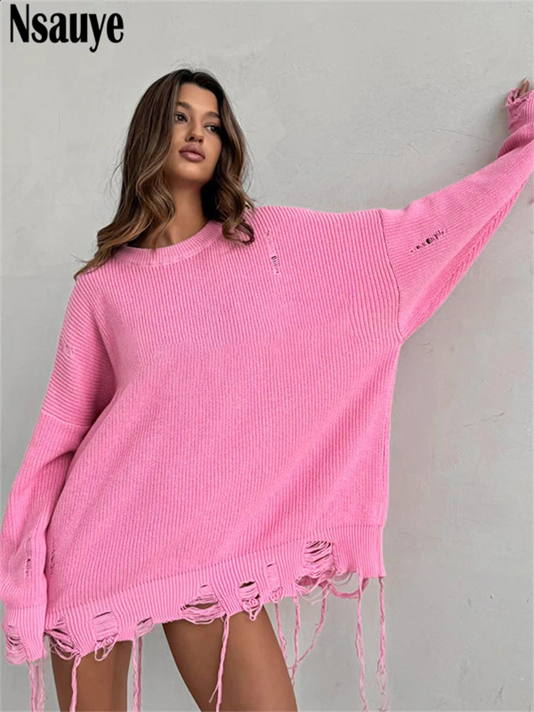 Nsauye casual womens fashion Y2K long sleeved oversized knitted hollow jacket floral sexy club sweater top winter 240821