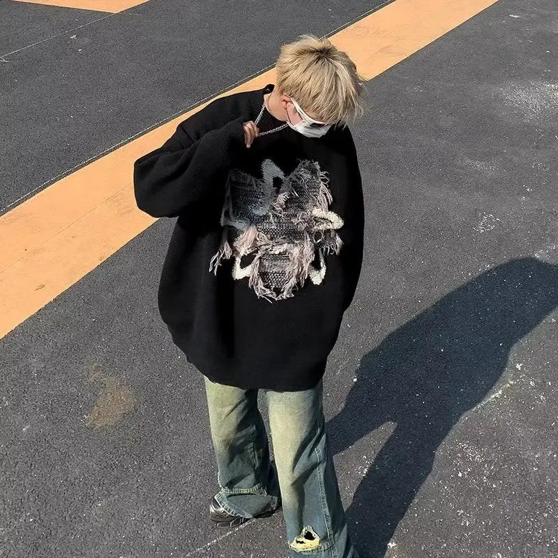 Thickened Sweater Men Purple Knitted Harajuku Sweater Autumn And Winter n Sense Top Long Sleeve Jumper Star Pattern 240821
