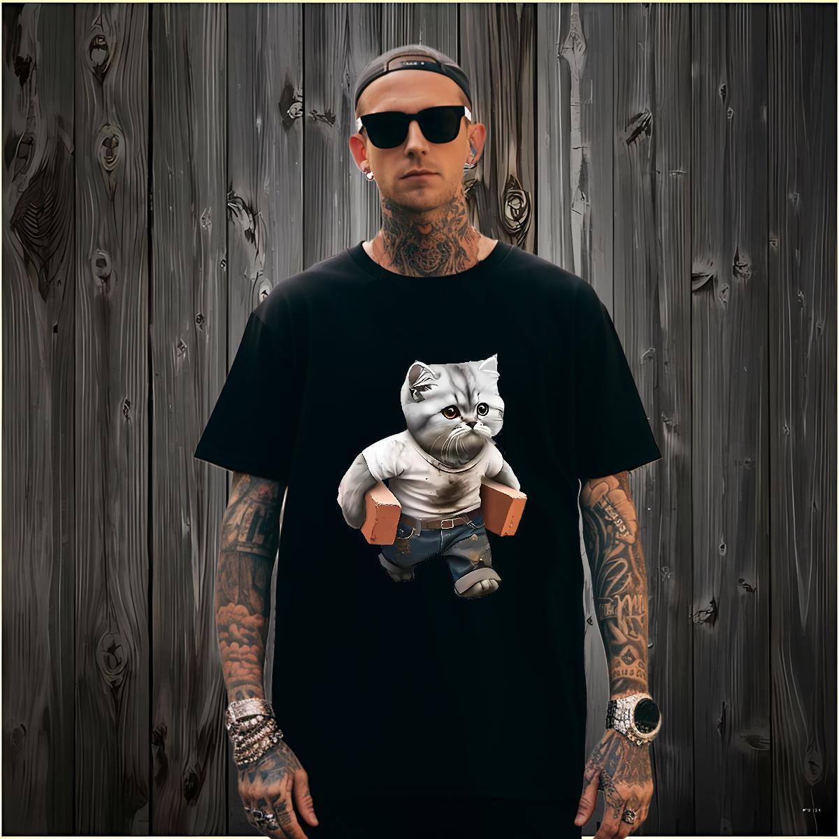 High Quality T-Shirts for Men cat O Neck Short Sleeves Beach Asian Size 230g Pure Cotton Men Tees Classic Casual Tops
