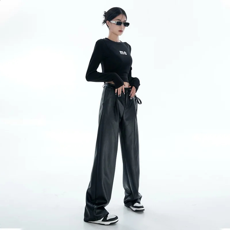 Black PU Leather Pants Women Casual Korean Fashion Baggy High Waist Straight Wide Leg Pants Streetwear Y2K Vintage Goth Punk 240821