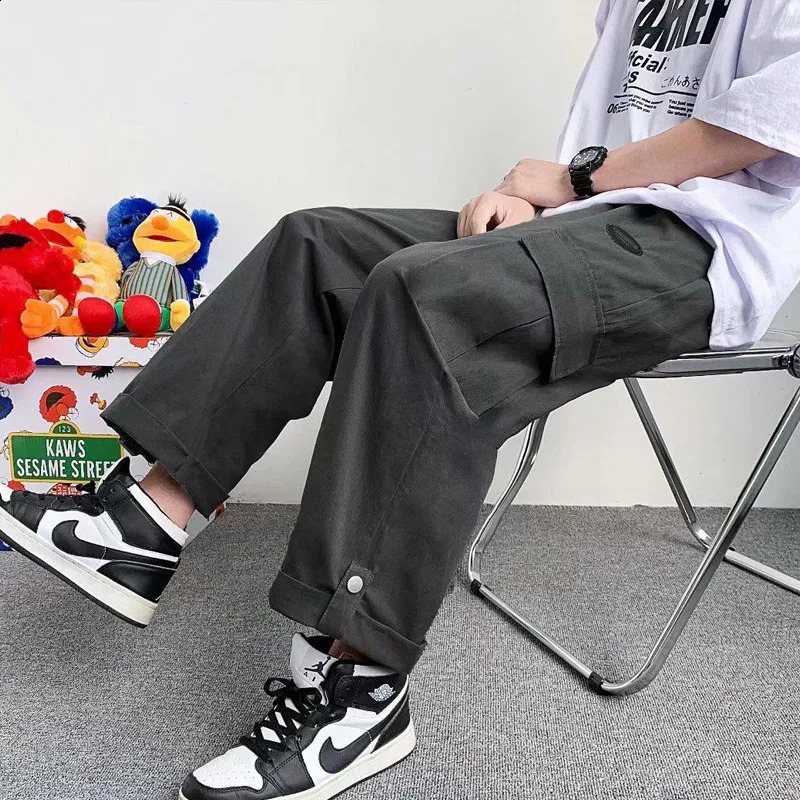 Solid Color Multiple Pockets Cargo Pants Classic Straight Cylinder Loose Broad Leg Waist Drawcord Street Casual Male Trousers 240822