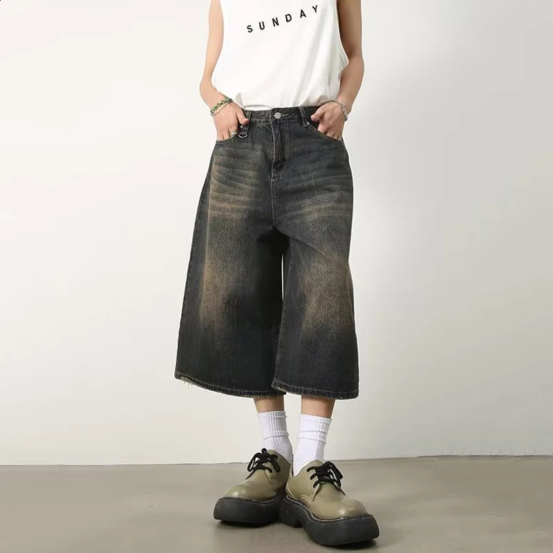 Vintage Y2k Baggy Denim Shorts Wide Leg Pants For Women Men Fashion High Waisted Wash Knee Length Jeans Shorts Oversize Pants 240821