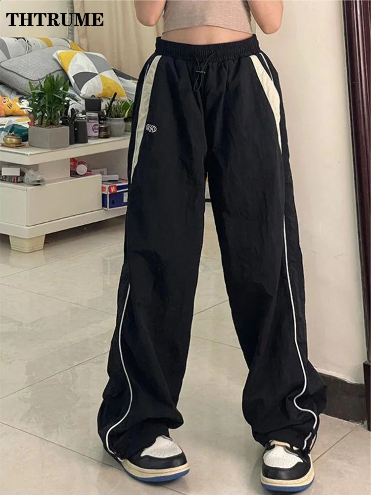 High Street Vintage Pant Fashion Women Oversized Elastic Waist Pocket Y2K Wide Leg Pants Casual Streetwear Baggy Trousers 240821
