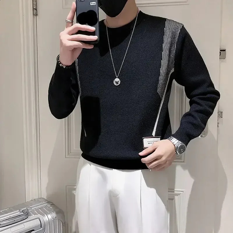 Mens knitted sweater striped round neck mens clothing latte icon blue Crewneck Maltry Spring Autumn Order Sweater X 240821