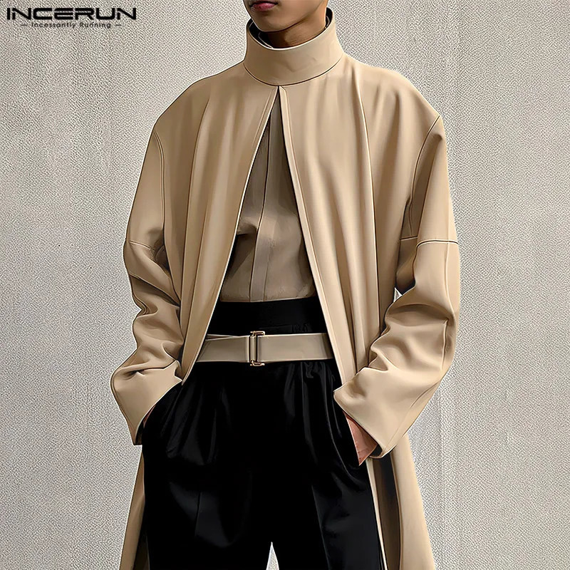 INCERUN Men Cloak Coats Turtleneck Long Sleeve Streetwear Casual Trench Loose Solid Color Open Stitch Fashion Male Ponchos 240822