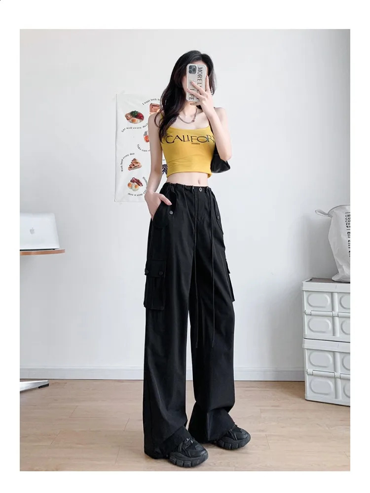 Women Casual Joggers Tech Pants Solid Low Waist Pants Drawstring Wide Leg Baggy Trousers Y2k Streetwear Oversize Sweatpants S-XL 240821