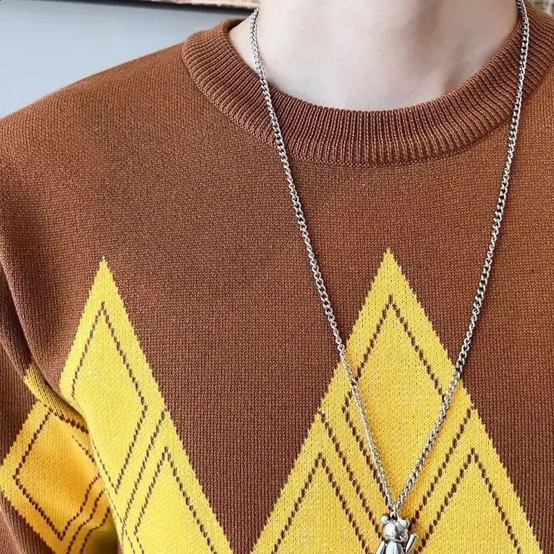 Knitted Sweaters for Men Pullovers Plaid Man Clothes Argyle Crewneck Round Collar Green Maletry Sweatshirts Thick Winter A Baggy 240821