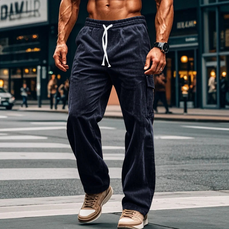 Men Vintage Solid Color Drawstring Stitch Pockets Trousers Male 2024 Sweatpants Streetwear Autumn Loose Corduroy Cargo Pants 240821