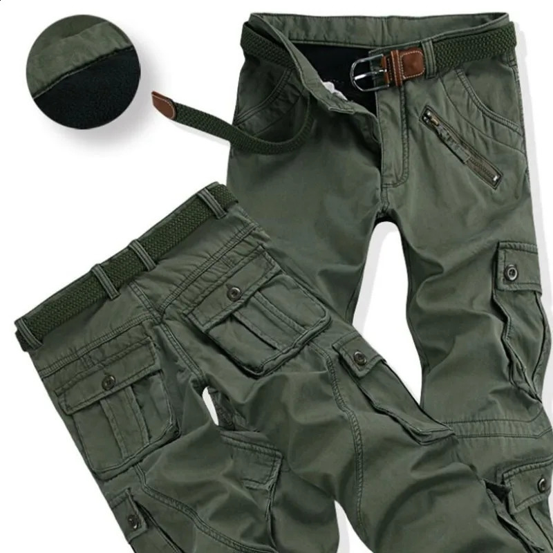 Mens Winter Pants Thick Warm Cargo Casual Wool Pocket Fur Trouser Plus Size Brushed Fashion Loose Running Work Clothes for Men 240821