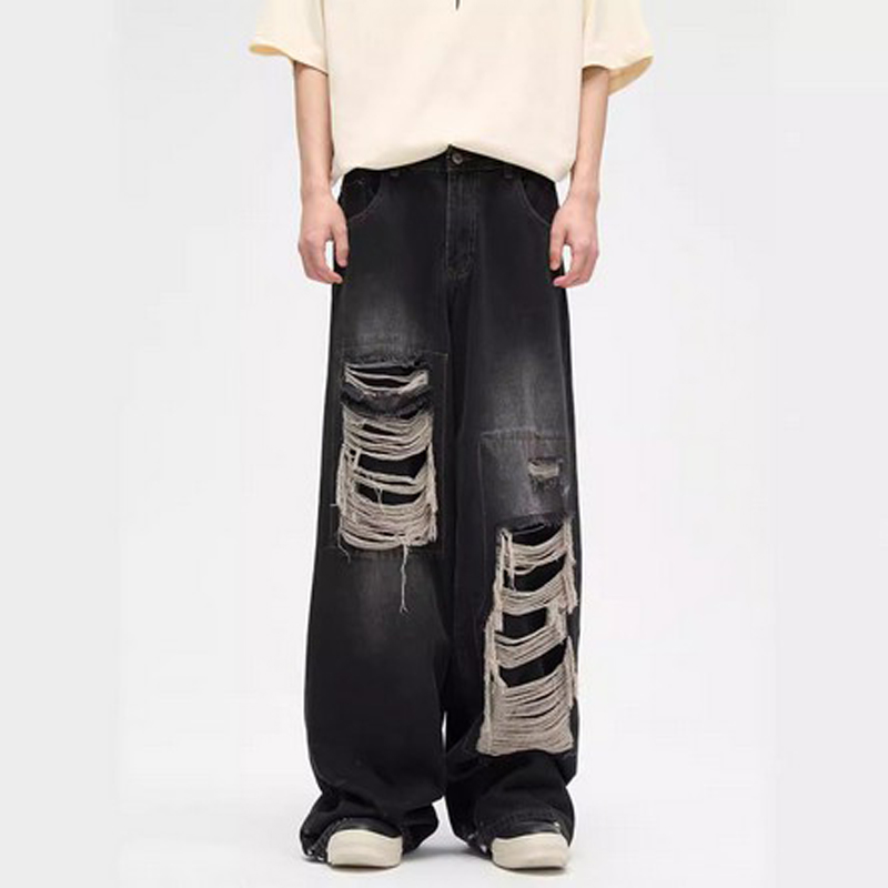 Designer Mens Jeans Black Flare Pants Men Clothing High Street Retro Baggy Harajuku Style Trend Streetwear Casual Trousers