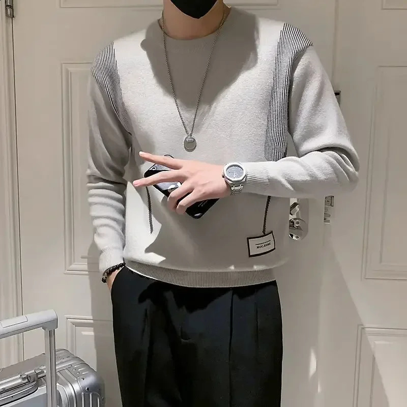 Mens knitted sweater striped round neck mens clothing latte icon blue Crewneck Maltry Spring Autumn Order Sweater X 240821
