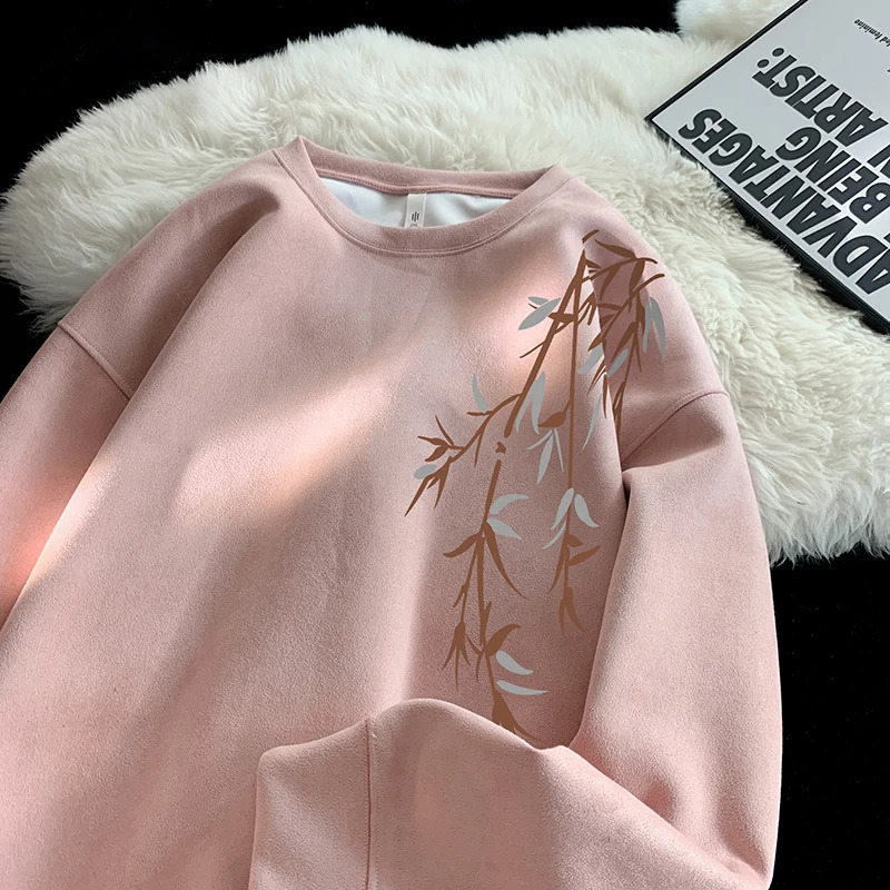 Harajuku Bamboo Leaf Pattern Sweatshirt Fall Heavyweight Suede Sweatshirt Casual Plus Size Round Neck Pullover Hoodie 240821