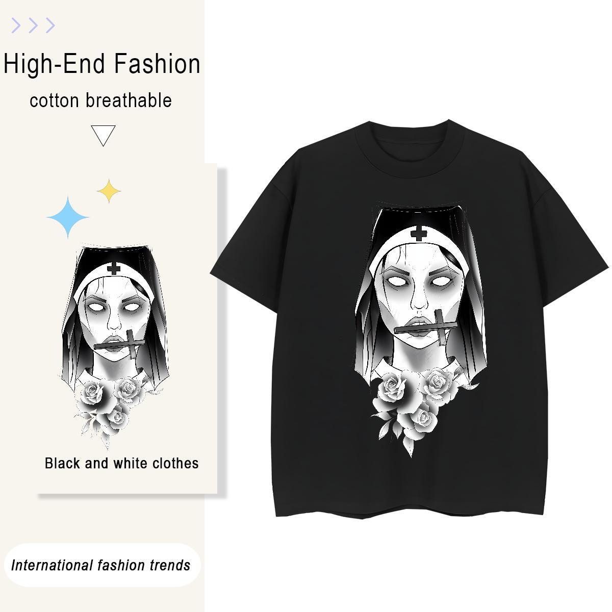 Loose Unisex Tshirts 100% Cotton 230g nun High Street Hip Hop Womens T Shirts Round Neck Short Sleeve Graphic Tees Shirts