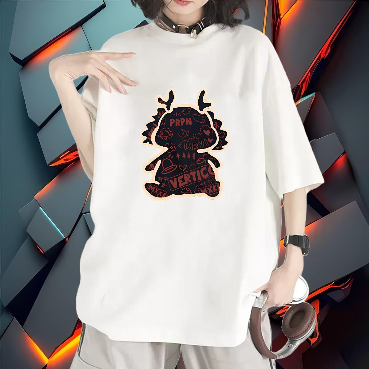 2024 Casual T Shirts Women Crew Neck 230g Pure Cotton Women Tees DIY Anime Printed dinosaur Hip Hop Street Loose fit Tops Tees