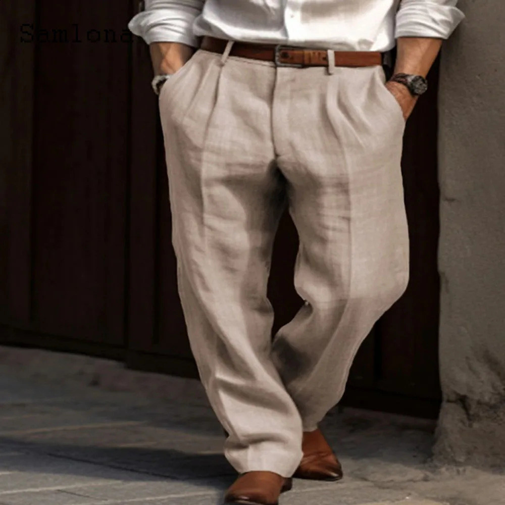 Samlona Men Casual Straight Linen Pants Solid Khaki White Stand Pocket Trousers Plus Size Mens Elegant Fashion Sweatpants 240822