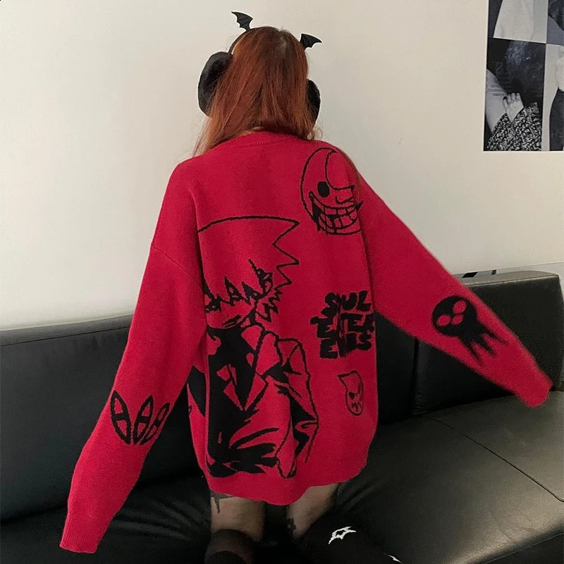 Y2K Harajuku Retro Cartoon Anime Knitted Sweater Mens Winter Super Large Rock Hip Hop Rap Jumping Womens Top 240821