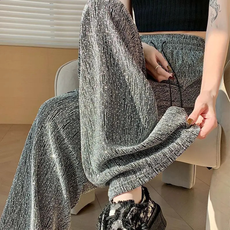 Casual and elegant retro bright diamond crystal wide leg pants Y2K womens pants party womens pants drawstring elastic waist 240821