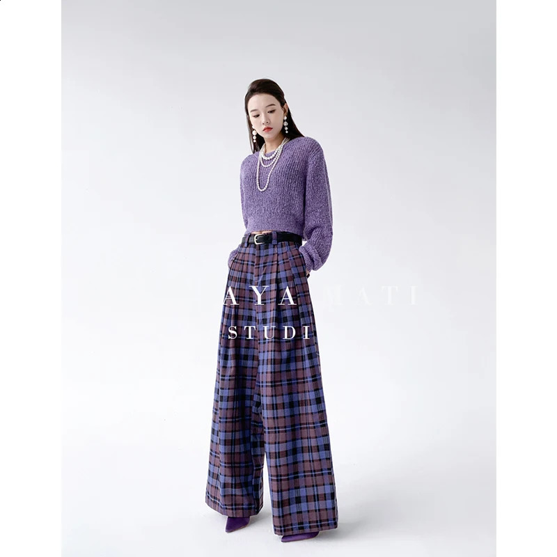 Purple Plaid Pants For Women Casual Korean Fashion High Waist Wide Leg Y2k Streetwear Vintage Loose School Trousers Summer 240821