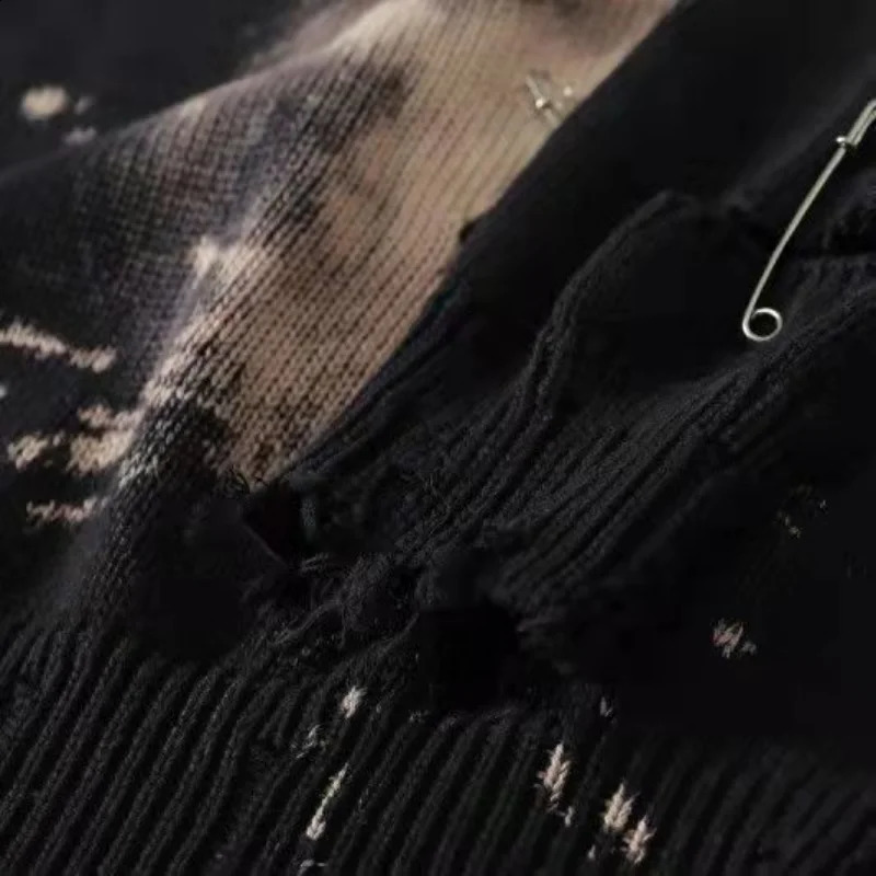 Deeptown Grunge Y2k Black Tear Sweater Womens Retro Distressed Knitted Jumper Gothic Oversized Korean Fashion Autumn 240821