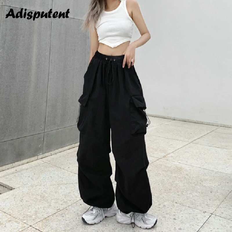 Women Y2K Streetwear Cargo Pants Joggers Techwear Wide Leg Pockets Pants Korean Harajuku Casual Solid Baggy Straight Trousers 240821