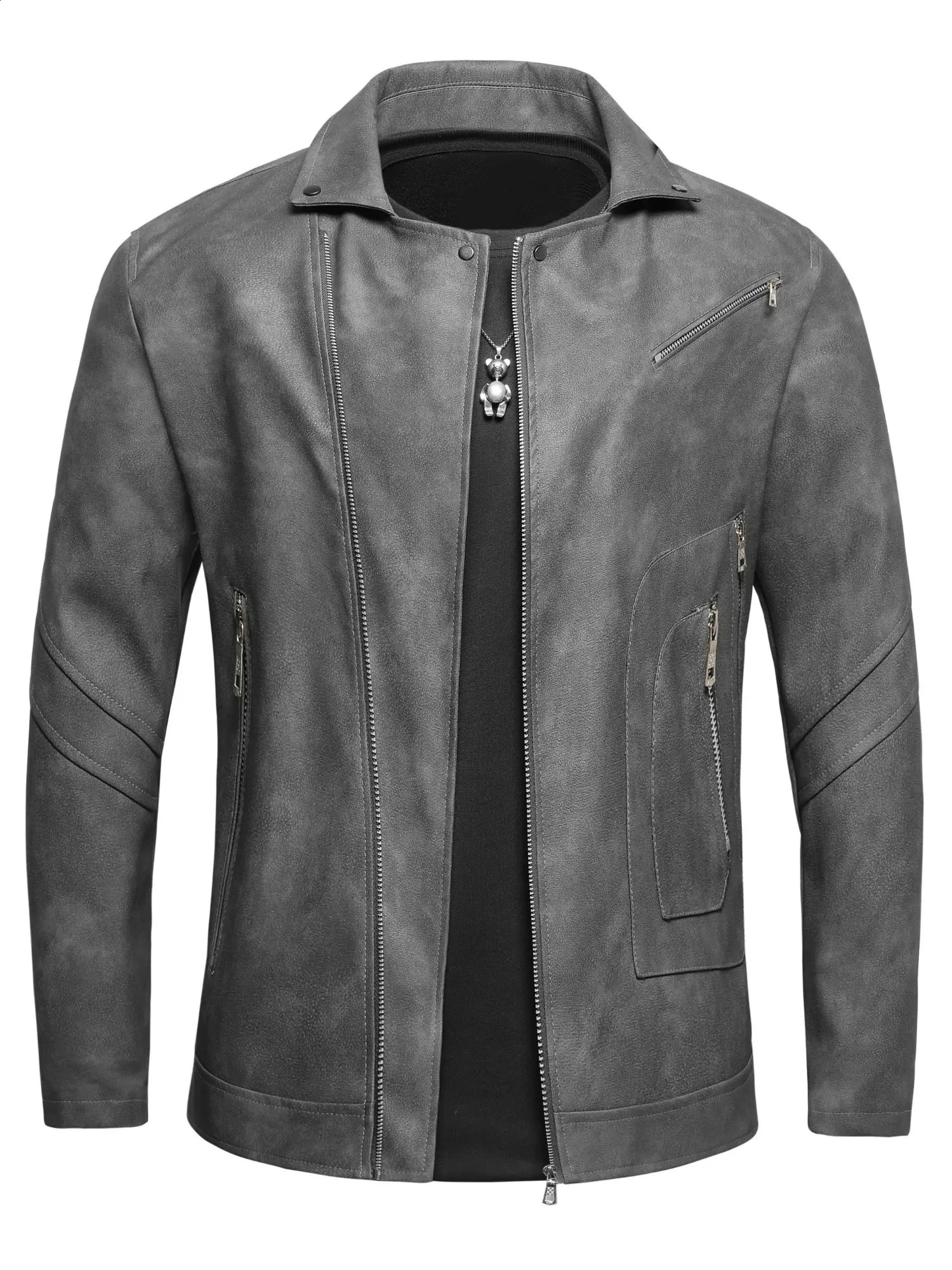 Mens PU Leather Biker Jacket with Button Pockets Casual Zip Up Jacket Long Sleeve Outdoor 240822