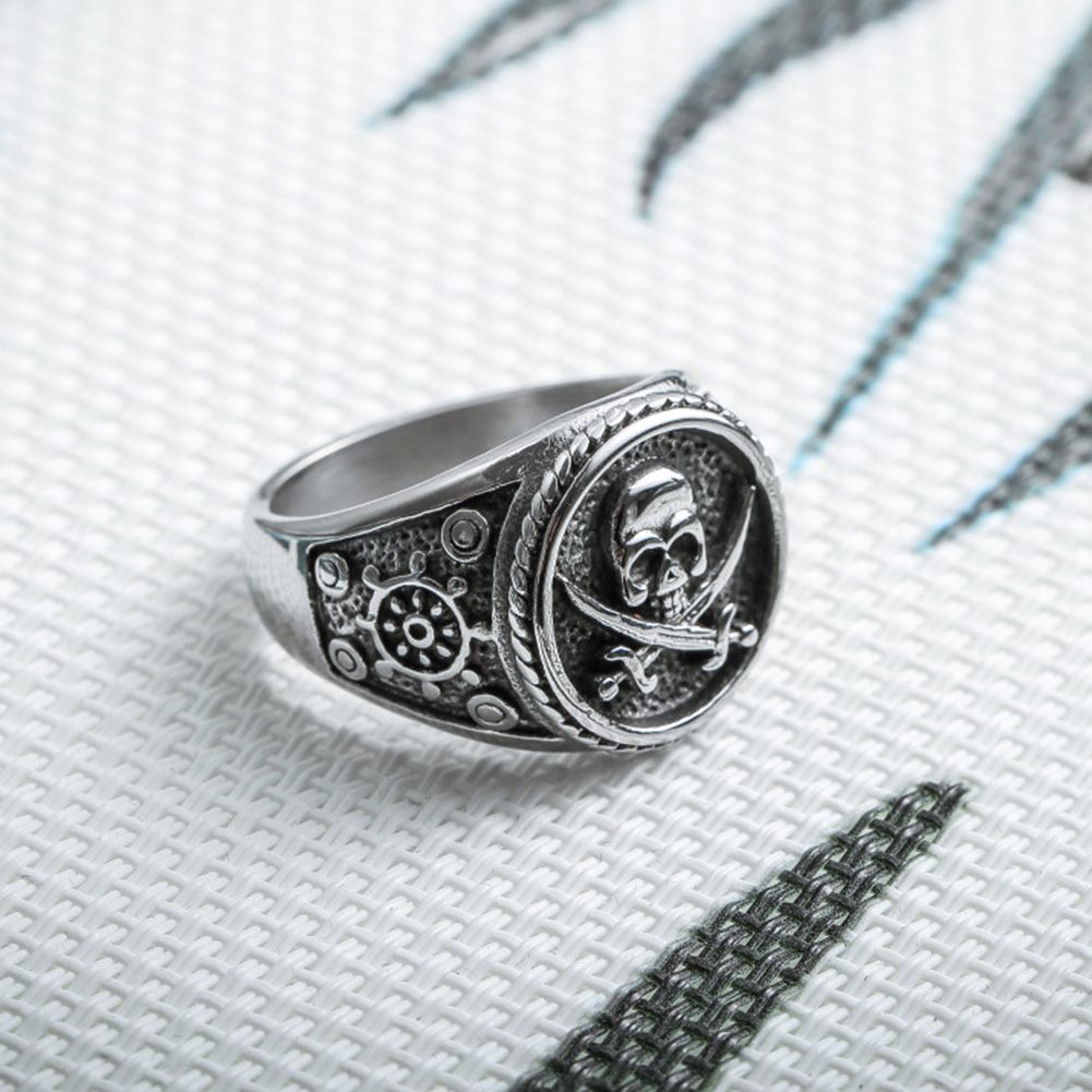 Vintage Skull Cross Casting Ring Titanium Steel Skeleton Seal Rings Mens Jewelry