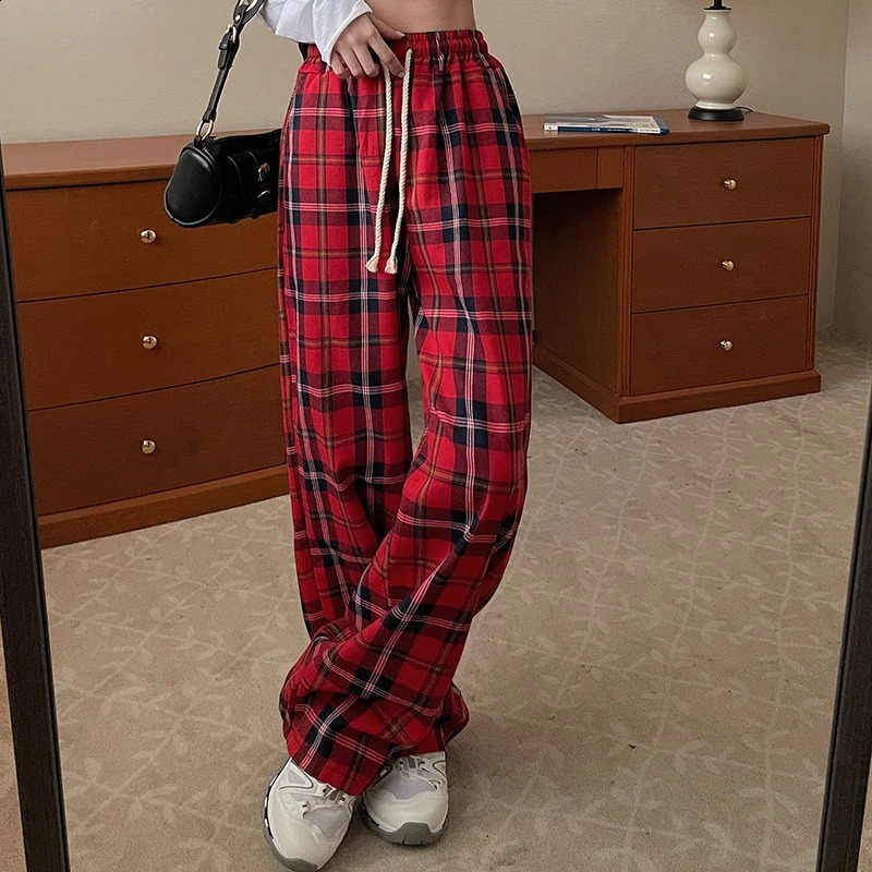 Women High Waist Y2k Loose Straight Leg Pants Lady Korean Harajuku Baggy Wide Leg Trousers Female Casual Grunge Red Plaid Slacks 240821