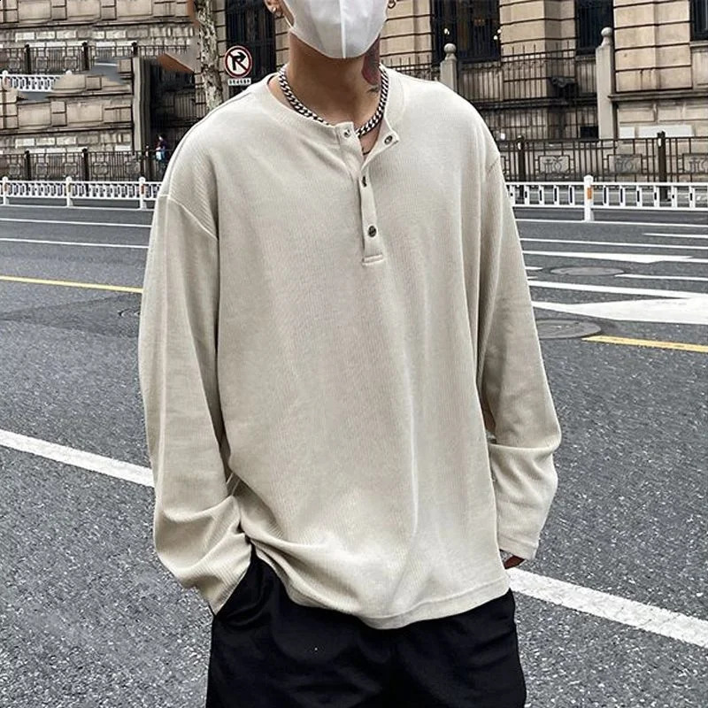 Mens Trend Button Loose T Shirts Spring Autumn Long Sleeve Solid Color Plus Size Tops Tees Fashion Casual Men Clothing 240822