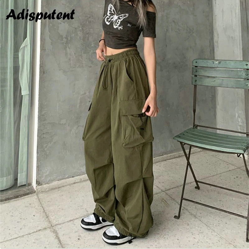 Women Y2K Streetwear Cargo Pants Joggers Techwear Wide Leg Pockets Pants Korean Harajuku Casual Solid Baggy Straight Trousers 240821