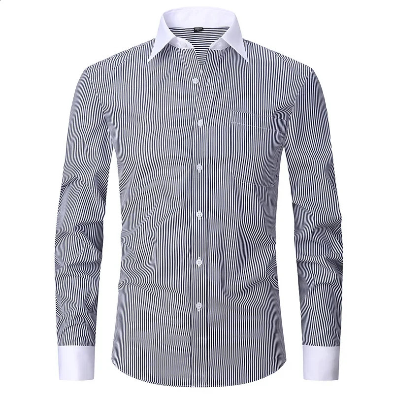 M~6XL Spring Summer Business Mens Long-Sleeved Shirt Fashion Cufflinks Striped White Collar Shirt Striped French Shirt 240822