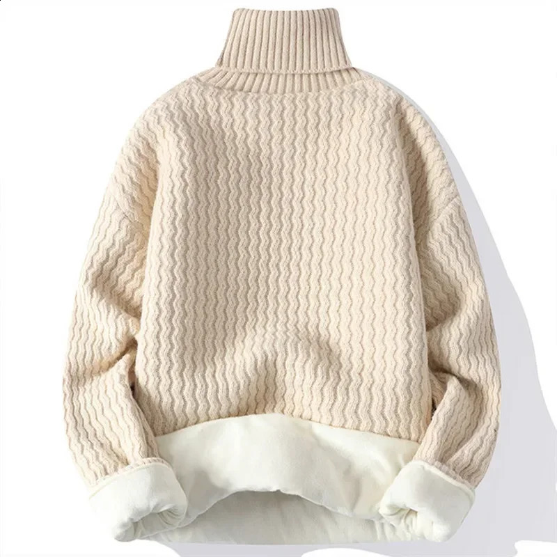 Winter Fleece Turtleneck Sweater Men Warm Knit Pullovers Mens Casual Knitted Sweaters Solid Color Turtleneck Knitwear Man 240821