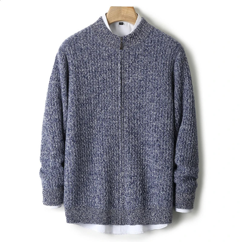 Autumn and winter 100% pure wool mens stand up collar loose thick zipper cardigan business casual sweater jacket 240821
