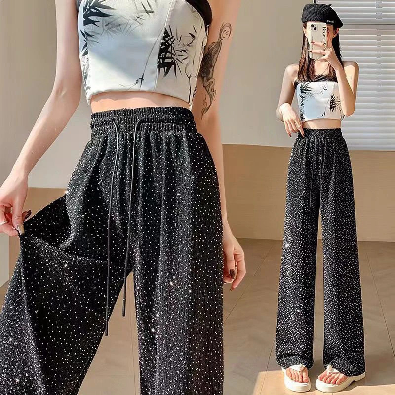 Casual and elegant retro bright diamond crystal wide leg pants Y2K womens pants party womens pants drawstring elastic waist 240821