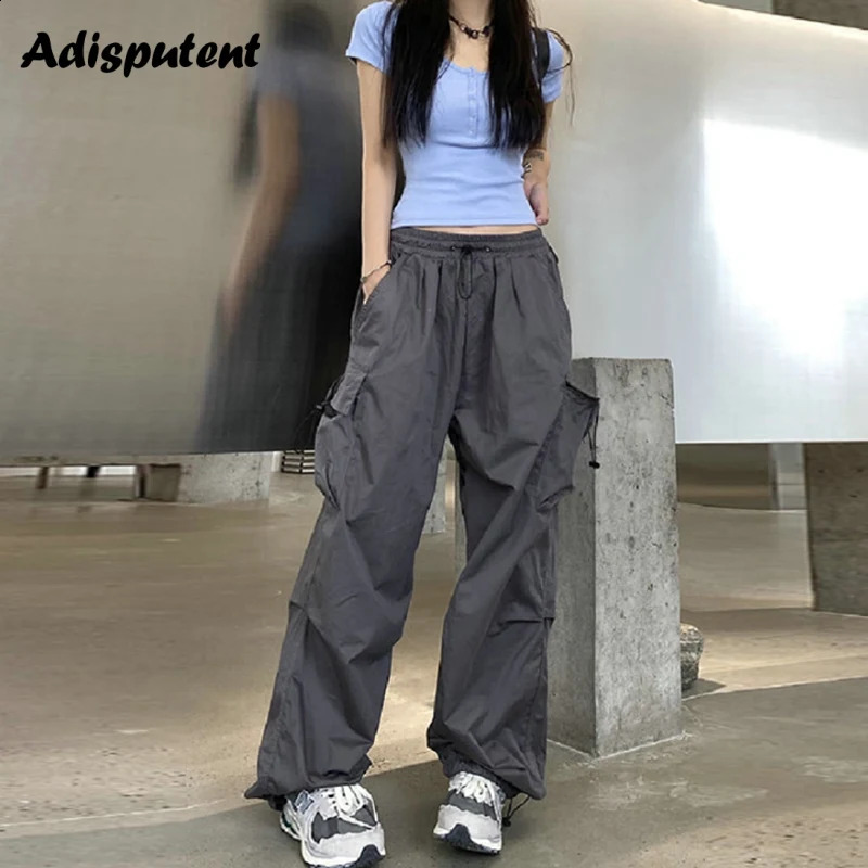 Women Y2K Streetwear Cargo Pants Joggers Techwear Wide Leg Pockets Pants Korean Harajuku Casual Solid Baggy Straight Trousers 240821