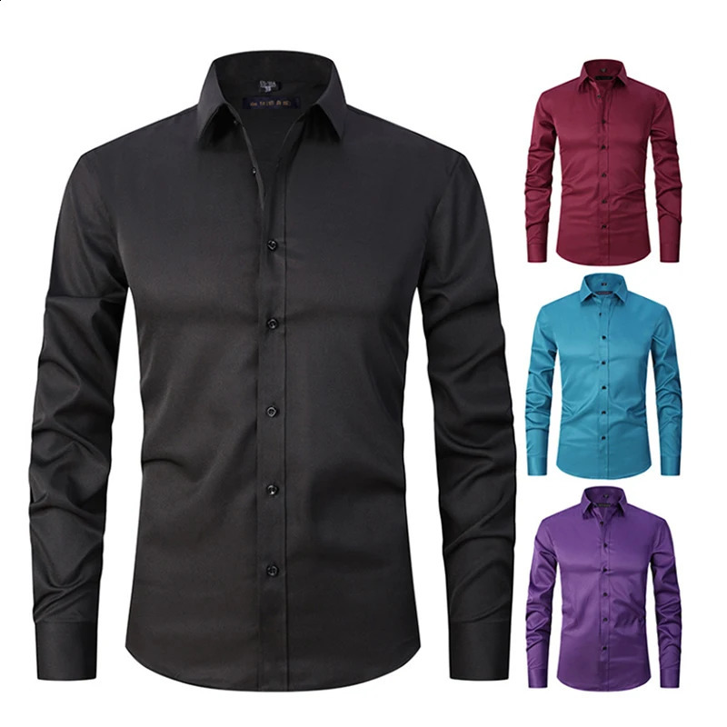 Mens Long-sleeved Business Casual Shirt Solid Color Slim Non Iron White Black Blue Formal Dress Shirts Easy Care 240822