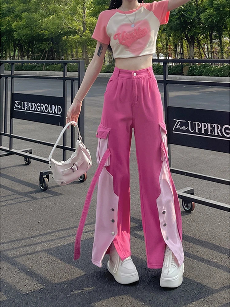 Pink Women Cargo Pants Loose Baggy Pants Korean Fashion High Waist Trousers Moda Pantalones Anchos Y Sueltos Mujer 240821