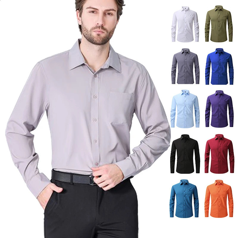 15 colors Mens Long-sleeved Shirts Stretch Dress Shirt Business Casual Lapel Buttons Formal Wear Shirts Black White Blue 240822