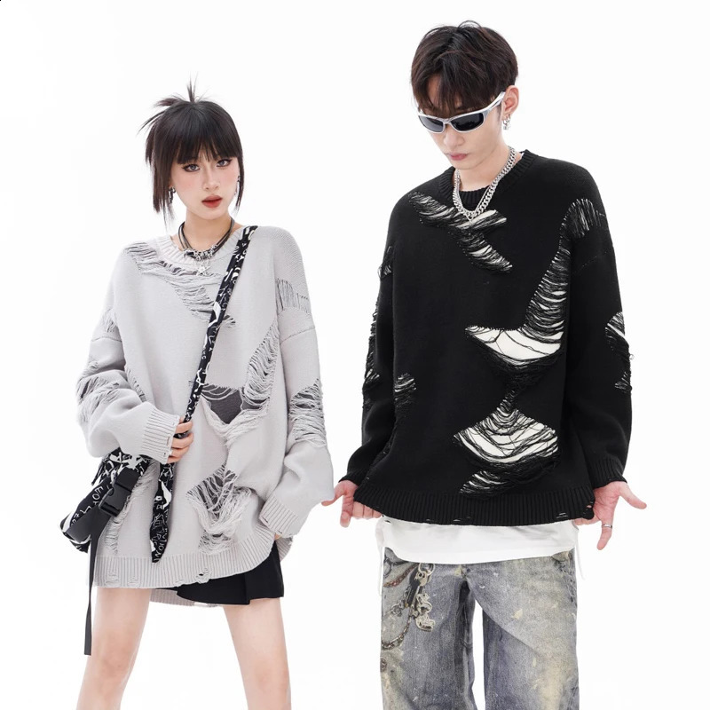 Vintage Sweater Grunge Ripped Hole Knitted Solid Plain Jumpers Streetwear Hip Hop Harajuku Men Punk Gothic Long Sleeve Sweaters 240821