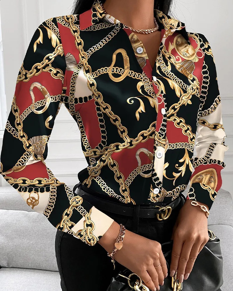 Women Fashion Wild Shirts ChainFloralLetterGeometric Square Print TurnDown Collar Long Sleeve Blouses 240821