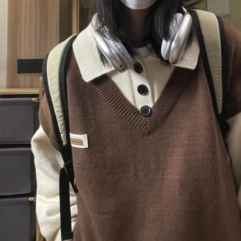 Polo Collar Womens Retro Patch Work Puller Y2K Harajuku Autumn Loose Warm Knitted Sweater 240821