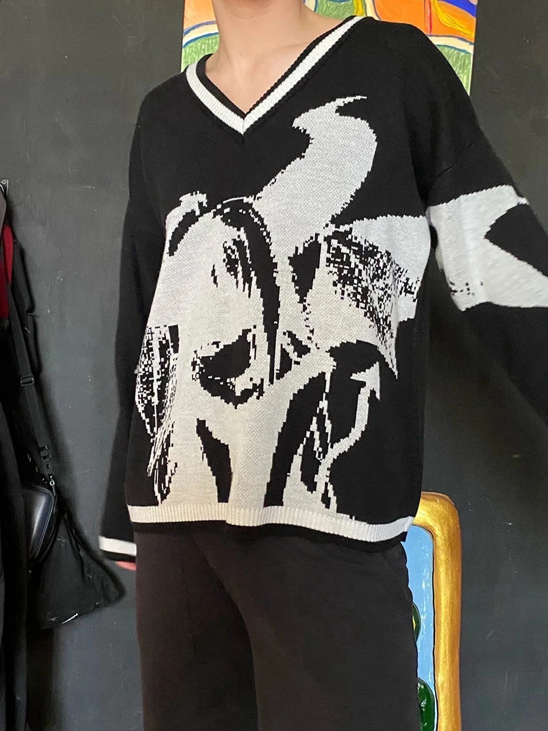 Cartoon Y2k Harajuku Kawaii Punk Retro Cute Round Neck Pullover Sweater Pattern Knitted Warm Loose Oversized Sweatshirt Women 240821