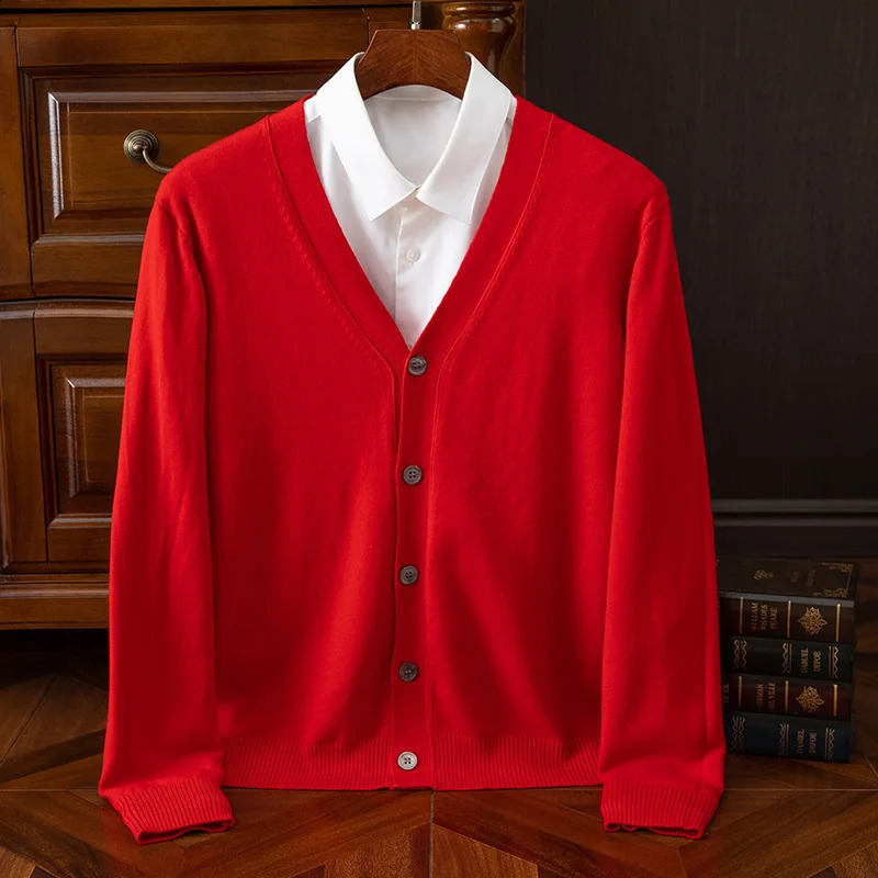 Fall/Winter 100% Merino wool cashmere coat mens V-neck cardigan casual solid color padded knit coat warm coat 240821
