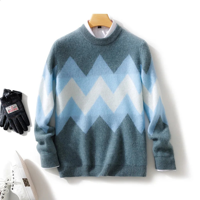 100% Merino pure wool mens round neck floral autumn and winter knitted retro sweater 240821