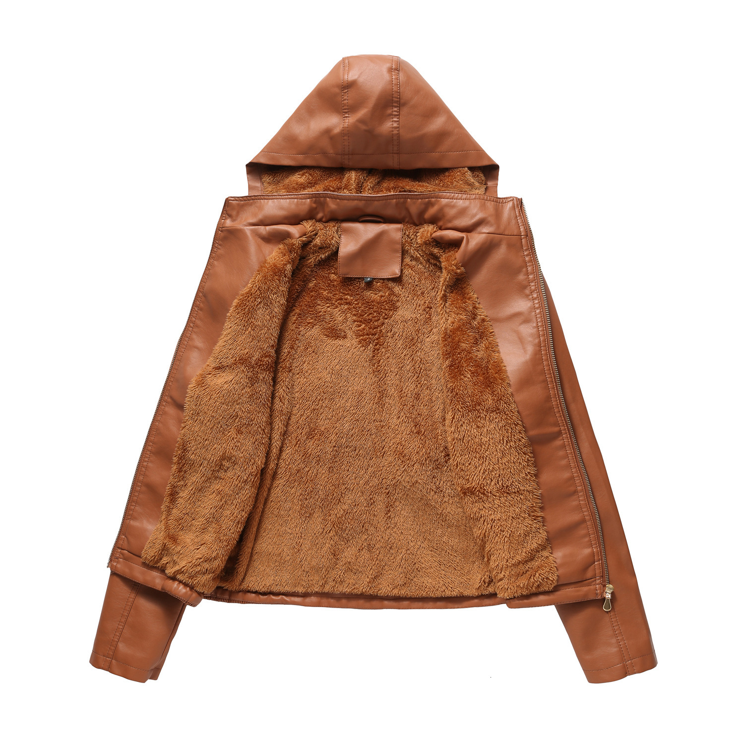 Aw Hooded Leather Womens Detachable Hat Zipper Long Sleeve Plush Leather Jacket European Size Slim Fit Coat