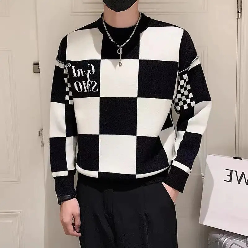 Mens Fashion Round Neck Patchwork Sweater Autumn Winter Contrast Color Printed Letter Long Sleeve Loose Casual Knitted Tops 240821